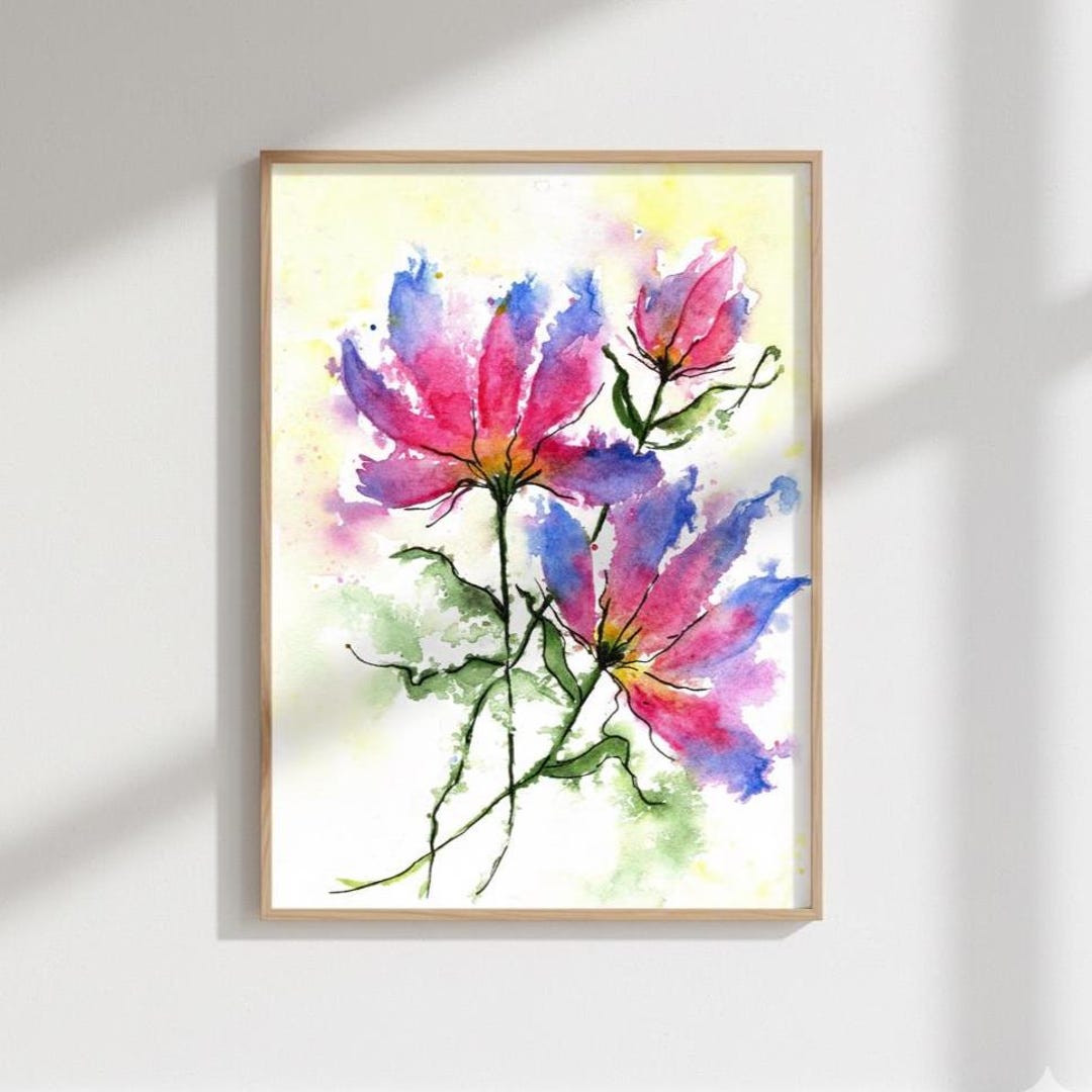 Pink Blue Watercolor Flowers Print, Spring Floral Wall Art, Botanical ...