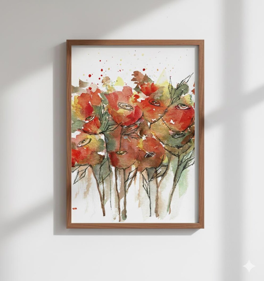 Red Orange Watercolor Flowers Print, Vibrant Floral Wall Art, Botanical ...
