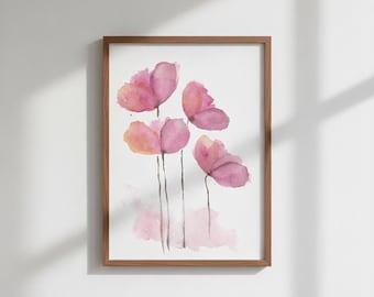 Pink Watercolor Flowers Print, Blush Floral Wall Art, Minimalist Botanical Painting, Soft Pastel Flower Decor, Digital Download