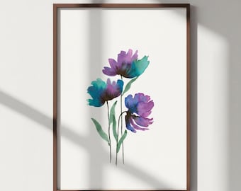 パープルティールの水彩花柄プリント、モダンな花柄ウォールアート、鮮やかな植物画、ミニマルな花の装飾、デジタルダウンロード