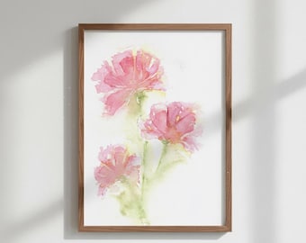 Pink Watercolor Flowers Print, Blush Floral Wall Art, Botanical Poster, Soft Flower Painting, Modern Home Decor, Digital Download