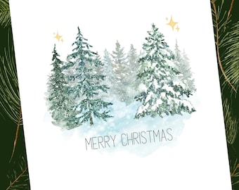 May include: A white greeting card with a watercolor illustration of snow-covered evergreen trees. The text "MERRY CHRISTMAS" is written in a simple font below the trees. Two golden stars are in the upper right corner. The background is a dark green.