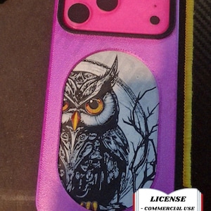 May include: A purple and pink phone case featuring an owl illustration. The owl is depicted in black and white with yellow eyes, set against a light blue background. The case has a textured surface and includes the text "LICENSE - COMMERCIAL USE - AUTHOR ATTRIBUTION REQUIRED".