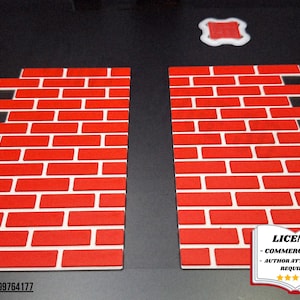 May include: Two red brick wall panels with white mortar lines are displayed against a black background. A small red and white decorative element is at the top. The image includes a license graphic with text.