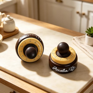May include: Two round kitchen timers with dark brown wooden bases and cream-colored dials featuring black numerical markings. The timer on the right displays the name Amelia in white script text next to two small heart outlines.