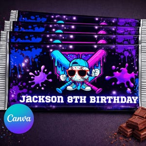 May include: Chocolate bar wrappers with a baseball theme. The wrappers are black with a cartoon baseball character wearing sunglasses and a baseball cap. The text "Jackson 8th Birthday" is displayed on the wrapper.
