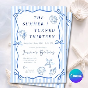 May include: A rectangular birthday invitation card featuring light blue vertical stripes and a dark blue border with bow accents. The text reads: THE SUMMER I TURNED THIRTEEN, Saturday June 27th 2:00 PM, JOIN US TO CELEBRATE Jessica's Birthday, Blue Ocean Cafe.