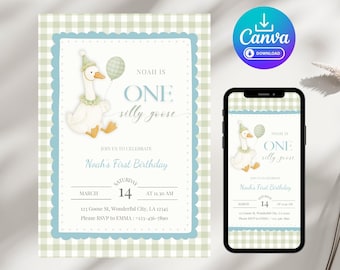 One silly goose Birthday Invitation Template | 1st Birthday Invite for boy | Editable Canva