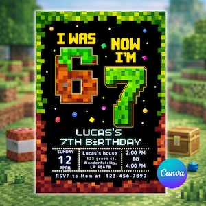Invitación de cumpleaños para niño de 7 años, tenía 6 años y ahora tengo 7, fiesta de bloques de píxeles, plantilla editable de Canva