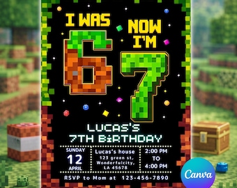 Six Seven Birthday Invitation, 7th Birthday Invite Boy, I Was 6 Now I’m 7, Pixel Block Party, Editable Canva Template