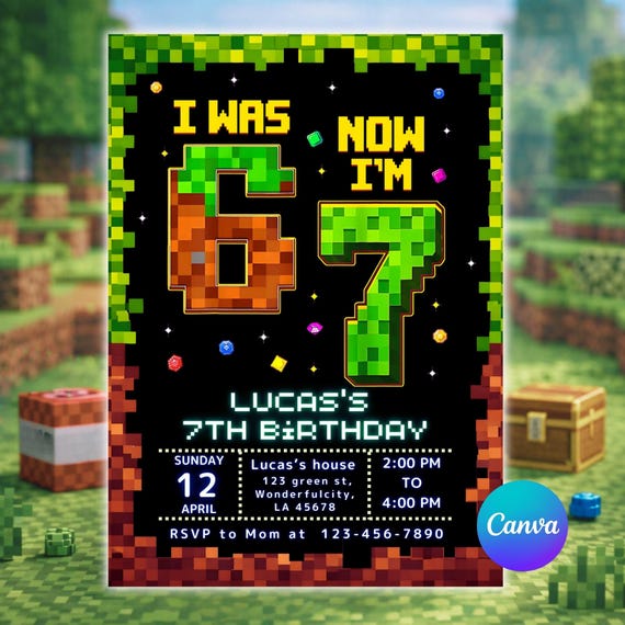 Six Seven Birthday Invitation, 7th Birthday Invite Boy, I Was 6 Now I’m 7, Pixel Block Party, Editable Canva Template
