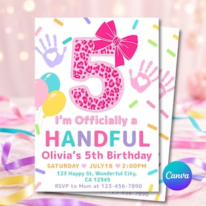 5th Birthday Girl Invitation, Pink Bow, Colorful Handprint, Editable Canva Template (Digital)