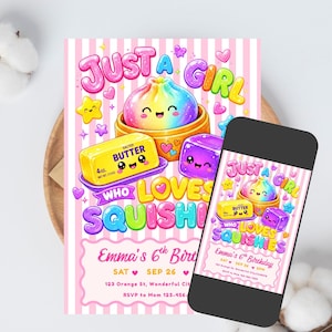 Puede incluir: Una tarjeta de invitaci&oacute;n de cumplea&ntilde;os con una bola de masa arco&iacute;ris, una barra de mantequilla salada y un cubo morado con caras lindas. El texto dice Just a Girl Who Loves Squishies, Emma's 6th Birthday, Sat Sep 26, 123 Orange St, RSVP to Mom 123-456-7890.