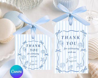 Coastal Birthday Favor Tag, The Summer I Turned Pretty Thank You Tag, Blue Stripe Seashell Labels, Editable Canva Template