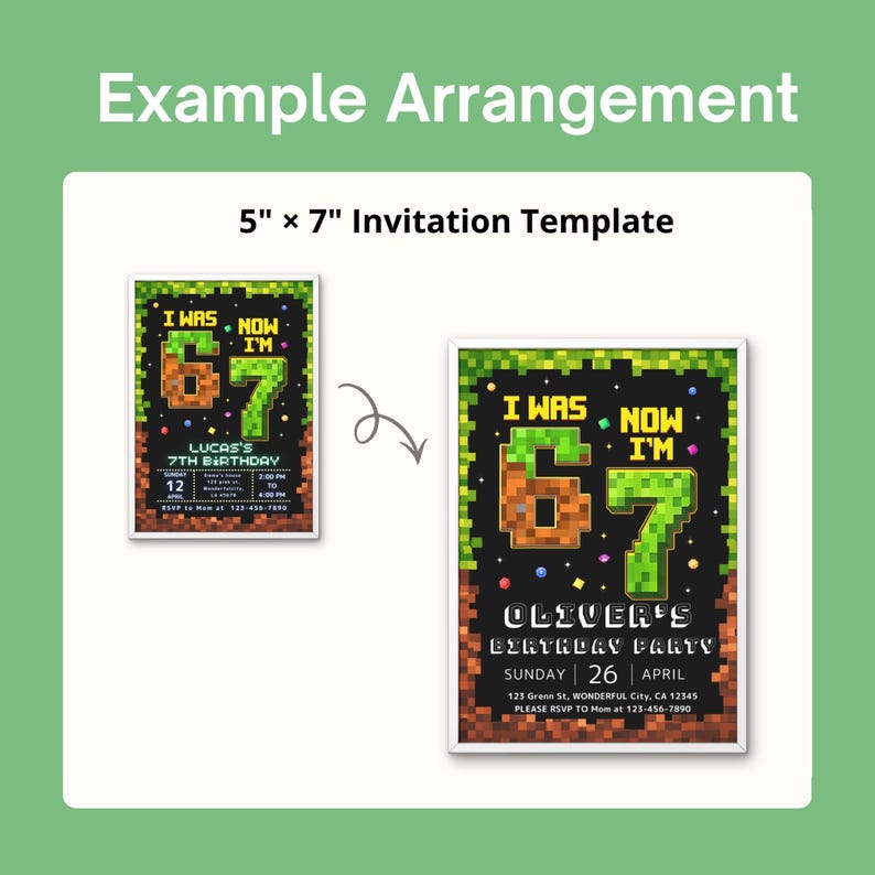 May include: A 5" x 7" invitation template with a pixelated design. The invitation reads "I WAS 6, NOW I'M 7" and includes party details. The design features a black background with green and brown pixelated numbers.