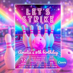 Bowling Birthday Invitation, Neon Bowling Party Invite, Editable Canva Template
