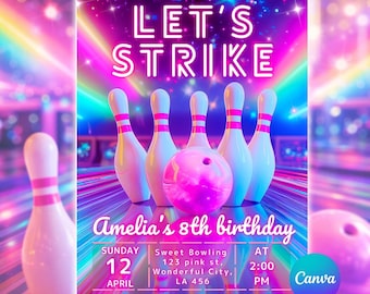 Bowling Birthday Invitation, Neon Bowling Party Invite, Editable Canva Template