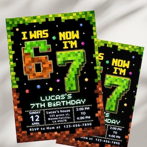 Six Seven Birthday Invitation, 7th Birthday Invite Boy, I Was 6 Now I’m 7, Pixel Block Party, Editable Canva Template image 4