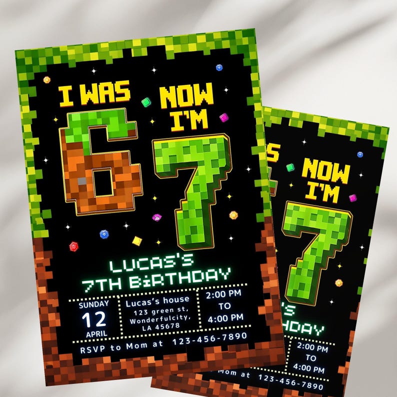 Six Seven Birthday Invitation, 7th Birthday Invite Boy, I Was 6 Now I’m 7, Pixel Block Party, Editable Canva Template image 4