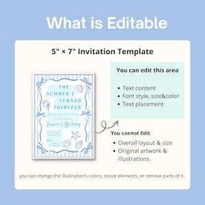 May include: A 5 inch by 7 inch invitation template with blue stripes and seashell illustrations. The text reads The Summer I Turned Thirteen, Jessica's Birthday, and event details. It includes sections labeled You can edit this area and You cannot Edit.