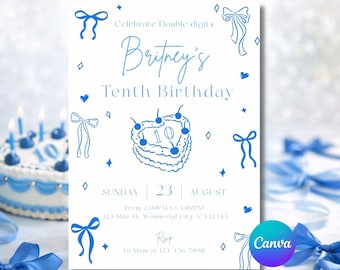 Coquette 10th Birthday Invitation, Blue Bow, Editable Canva Template (Instant Download)
