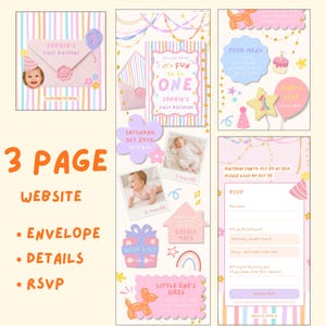 May include: A three-page digital birthday invitation website template featuring pastel colors, striped patterns, and illustrations of balloons, gifts, and rainbows. It includes sections for an envelope, event details, photos, a food menu, and an RSVP form.