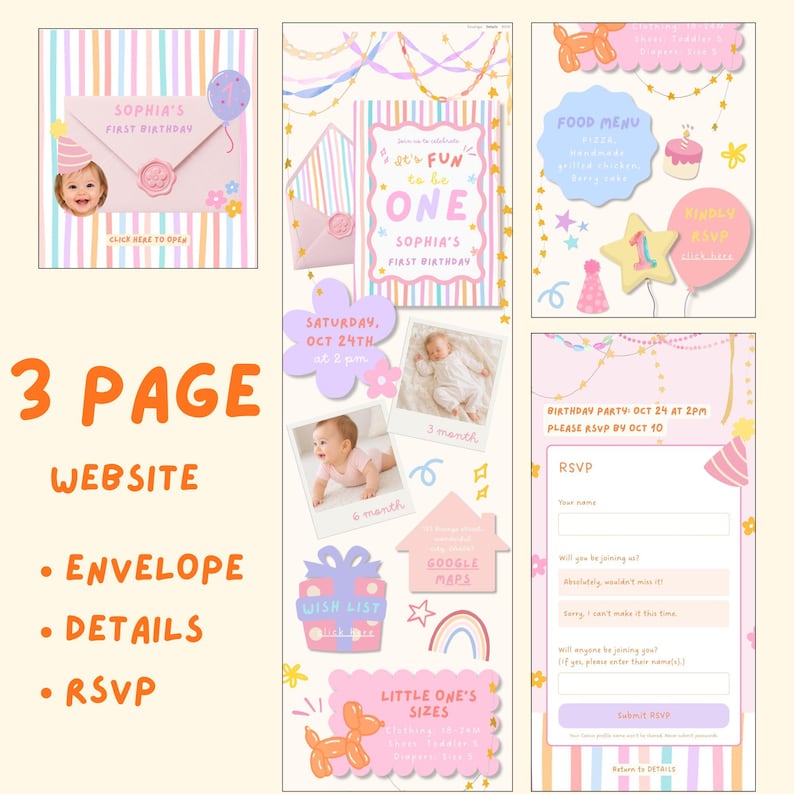 May include: A three-page digital birthday invitation website template featuring pastel colors, striped patterns, and illustrations of balloons, gifts, and rainbows. It includes sections for an envelope, event details, photos, a food menu, and an RSVP form.