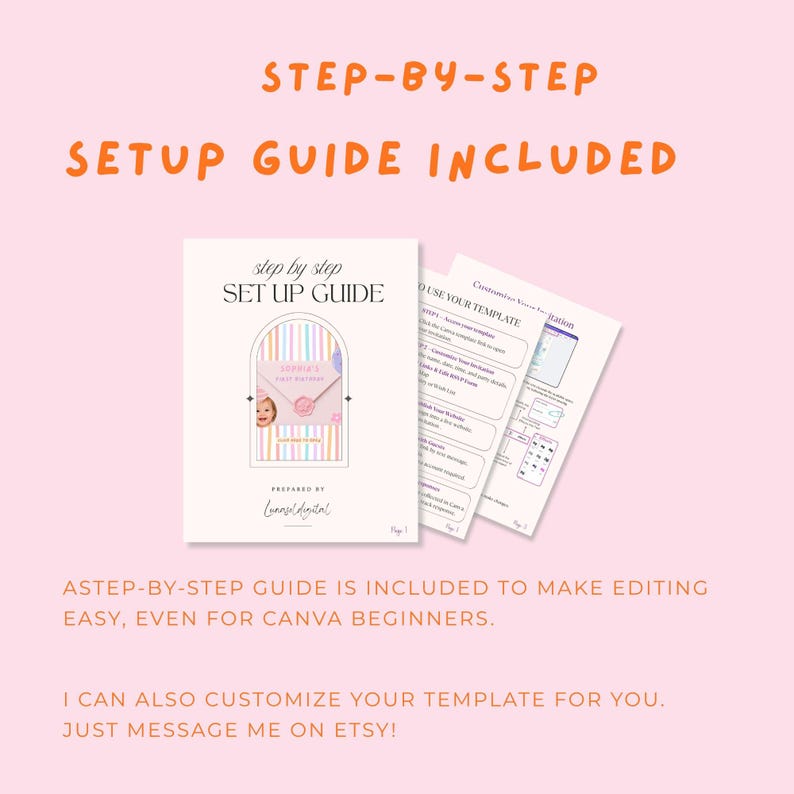 May include: A digital setup guide document with multiple pages featuring black text on a white background. The cover page displays the title Step by Step Set Up Guide, a graphic of an invitation template, and the text Prepared by Lunasoldigital.