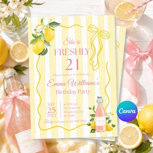 May include: A rectangular birthday party invitation card featuring a yellow and white vertical striped background. The text reads She is FRESHLY 21, Emma Williams's Birthday Party, with event details including date, time, and location. Decorated with watercolor lemons, green leaves, and a yellow ribbon illustration.