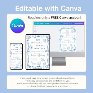 May include: A digital invitation template displayed on a computer monitor, tablet, and smartphone. The design features blue vertical stripes, seashell illustrations, and the text "The Summer I Turned Thirteen" and "Jessica's Birthday" in blue.