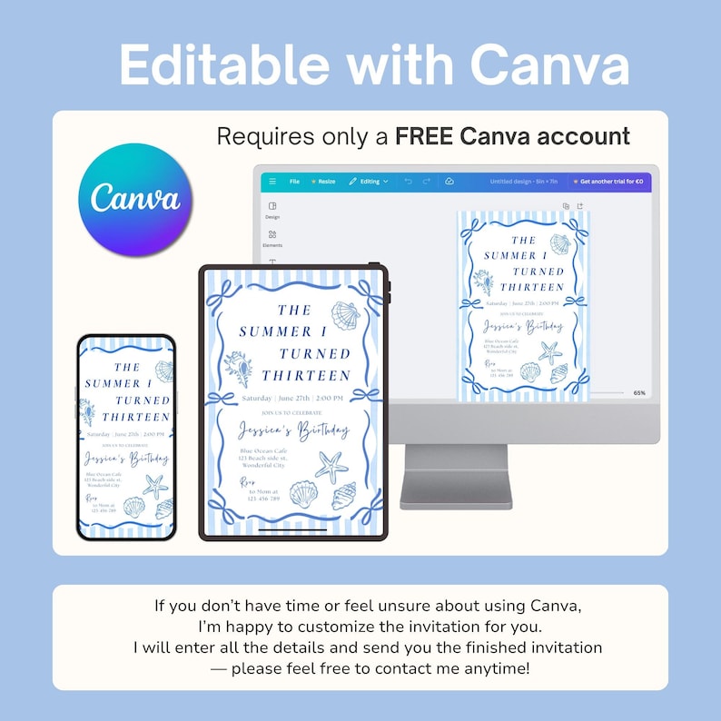 May include: A digital invitation template displayed on a computer monitor, tablet, and smartphone. The design features blue vertical stripes, seashell illustrations, and the text "The Summer I Turned Thirteen" and "Jessica's Birthday" in blue.