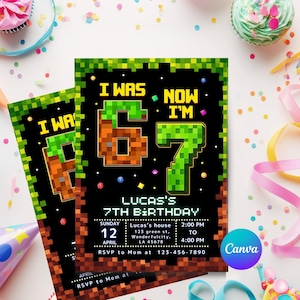 Six Seven Birthday Invitation, 7th Birthday Invite Boy, I Was 6 Now I’m 7, Pixel Block Party, Editable Canva Template image 2