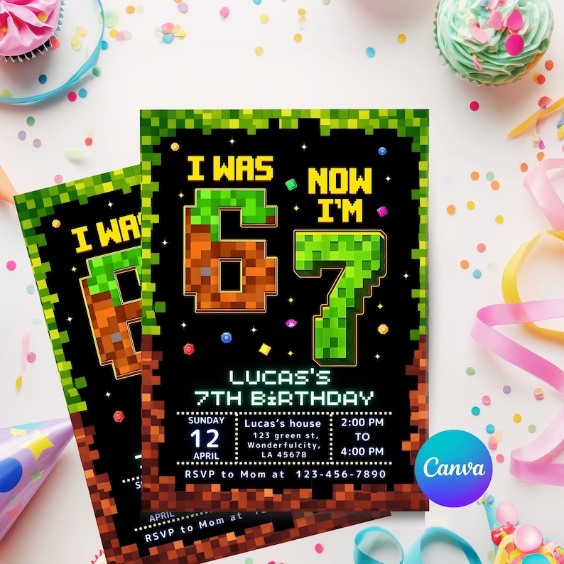 Six Seven Birthday Invitation, 7th Birthday Invite Boy, I Was 6 Now I’m 7, Pixel Block Party, Editable Canva Template image 2