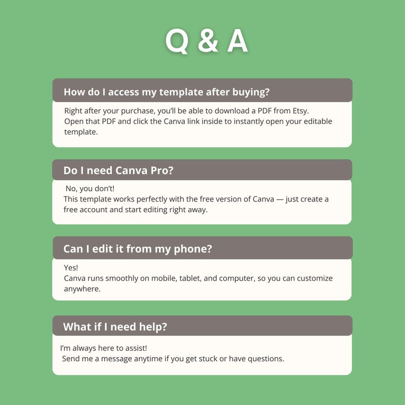 May include: A green background with the text "Q & A" at the top. Below are four gray boxes with white text. The questions are about accessing, editing, and using a template. The answers provide instructions and support information.