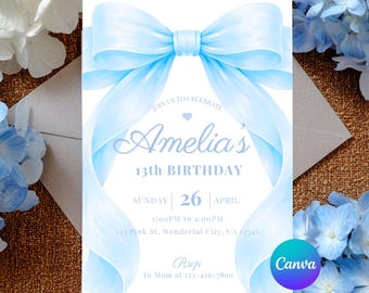 Blue Bow Birthday Invitation, Coquette blue Party Invite, Canva Template (Digital Download)