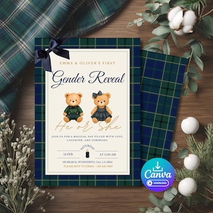 Tedy Bear Gender Reveal Invitation, Baby Shower Invite, Editable Canva Template