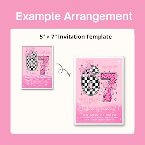 May include: Pink invitation template, 5" x 7", with the text "I WAS now I'm" and "67". The number 6 is a black and white checkerboard pattern, and the 7 is pink leopard print. Includes birthday party details.