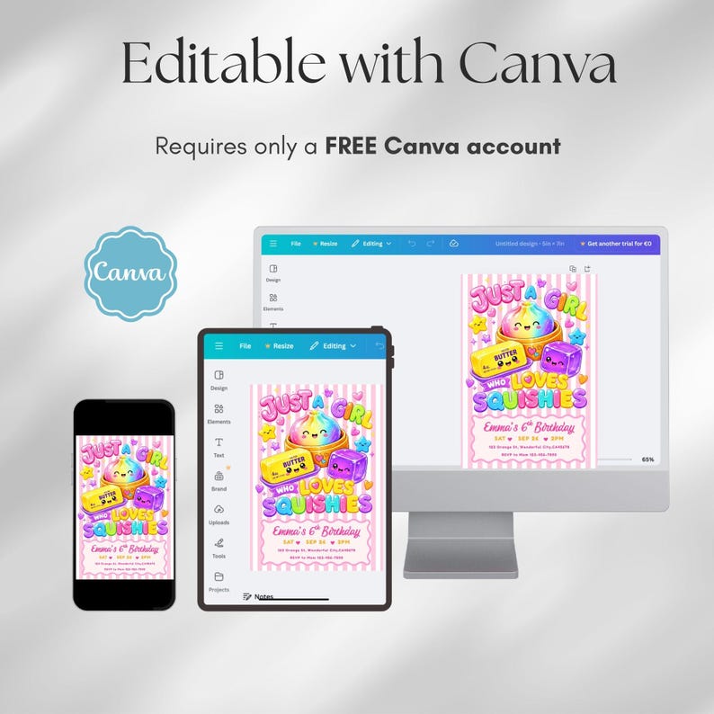 Puede incluir: Una plantilla de invitaci&oacute;n de cumplea&ntilde;os digital mostrada en un tel&eacute;fono inteligente, tableta y pantalla de computadora. El dise&ntilde;o presenta personajes squishy de dibujos animados coloridos, rayas rosas y el texto Just a Girl Who Loves Squishies.