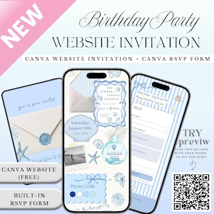 May include: A digital birthday party website invitation template featuring a light blue and white color scheme with seashell, starfish, and envelope graphics. The design includes a built-in RSVP form, a Google Maps location icon, and a QR code for a demo.