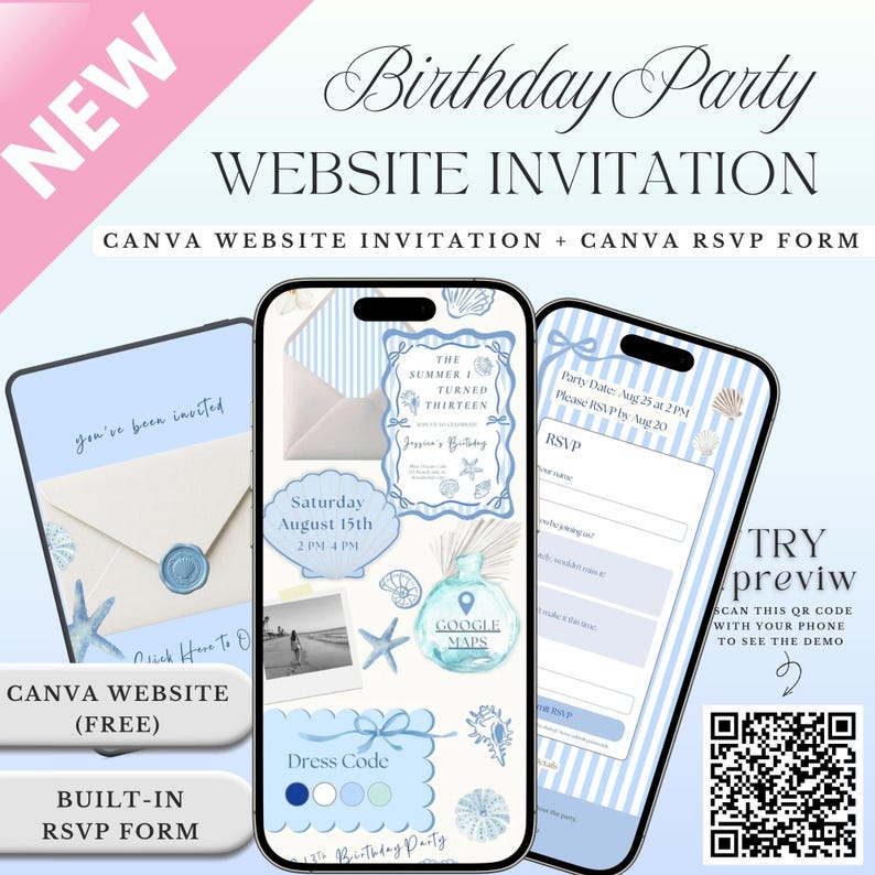May include: A digital birthday party website invitation template featuring a light blue and white color scheme with seashell, starfish, and envelope graphics. The design includes a built-in RSVP form, a Google Maps location icon, and a QR code for a demo.