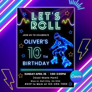 Neon Roller Skate Birthday Invitation, Let's Roll Party for Boy, Editable Canva Template