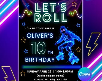 Neon Roller Skate Birthday Invitation, Let's Roll Party for Boy, Editable Canva Template