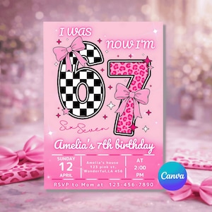 Six Seven Meme Birthday Invitation, 7th birthday invite Girl, Editable Canva Template,