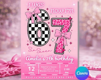 Six Seven Meme Birthday Invitation, 7th birthday invite Girl, Editable Canva Template,
