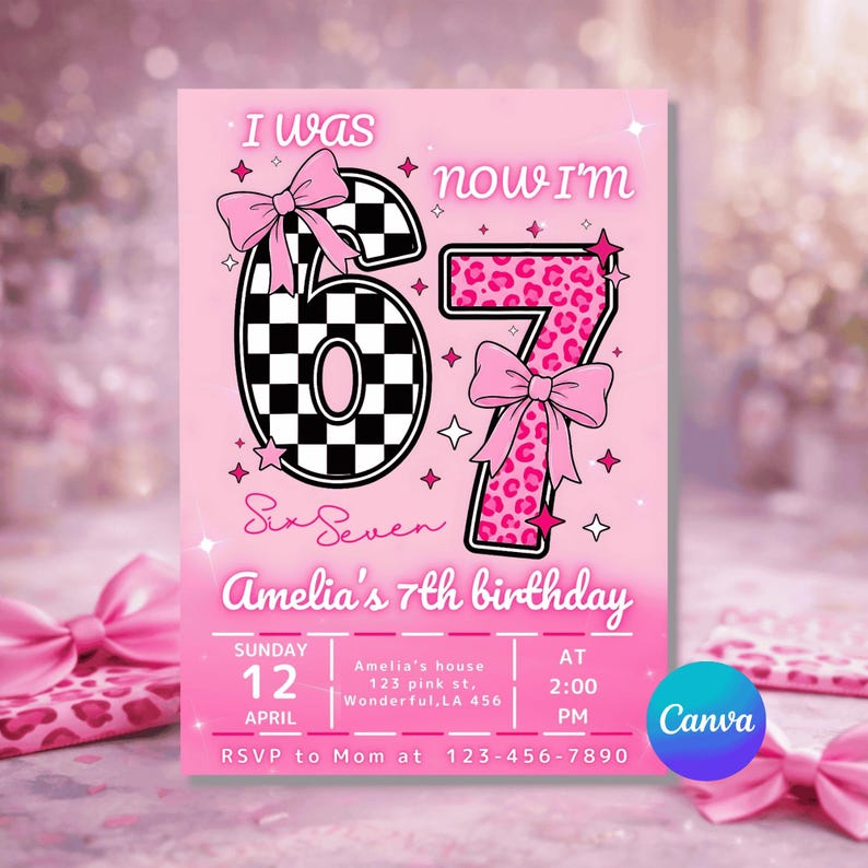 Six Seven Meme Birthday Invitation, 7th birthday invite Girl, Editable Canva Template, image 1