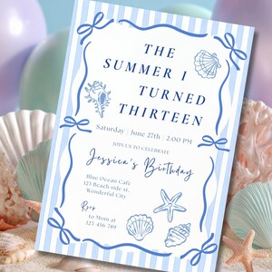 May include: A rectangular birthday invitation card featuring a light blue and white vertical striped border with blue ribbon accents. The text reads The Summer I Turned Thirteen, Saturday June 27th 2:00 PM, Join Us To Celebrate Jessica's Birthday, Blue Ocean Cafe 123 Beach side st, Wonderful City, RSVP to Mom at 123-456-789, decorated with blue line art illustrations of seashells and a starfish.
