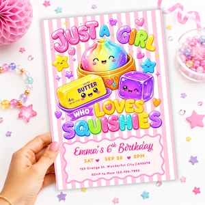 May include: A rectangular birthday invitation card with pink and white vertical stripes featuring cartoon squishy characters including a rainbow dumpling, a yellow stick of butter labeled 4oz, and a purple cube, with text reading Emma's 6th Birthday.