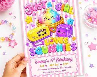 Peut inclure: Une carte d'invitation d'anniversaire rectangulaire à rayures verticales roses et blanches avec des illustrations de boulette arc-en-ciel, de beurre de 113g et de cube violet. Texte : JUST A GIRL WHO LOVES SQUISHIES, Emma's 6th Birthday, SAT SEP 26 2PM, 123 Orange St, Wonderful City, CA 45678, RSVP to Mom 123-456-7890.