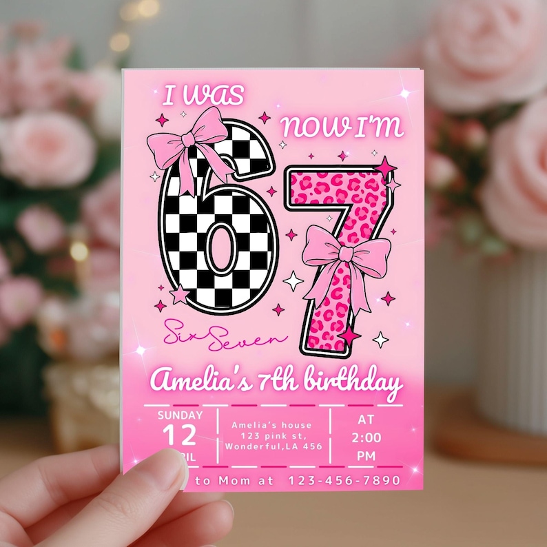 Six Seven Meme Birthday Invitation, 7th birthday invite Girl, Editable Canva Template, image 6