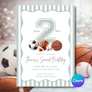 Può includere: Invito di compleanno a tema sportivo, con sfondo a righe verdi e bianche. Il design include un grande numero "2" e illustrazioni di vari palloni sportivi. Il testo recita "Thomas's Second Birthday".